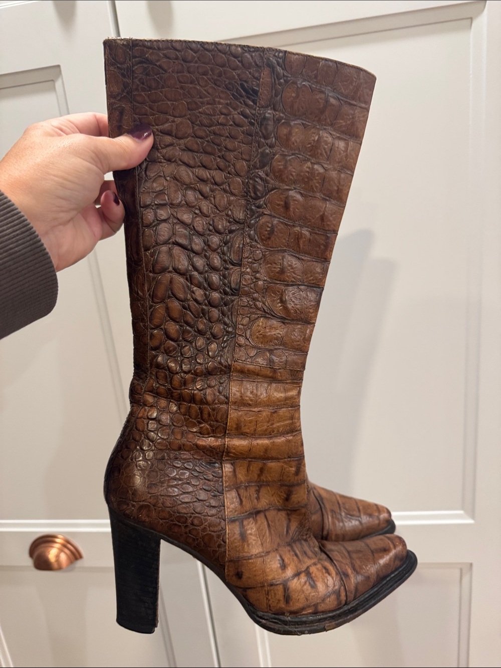 Donald J. Pliner Brown Croc-Embossed Mid-Calf Heel Boots